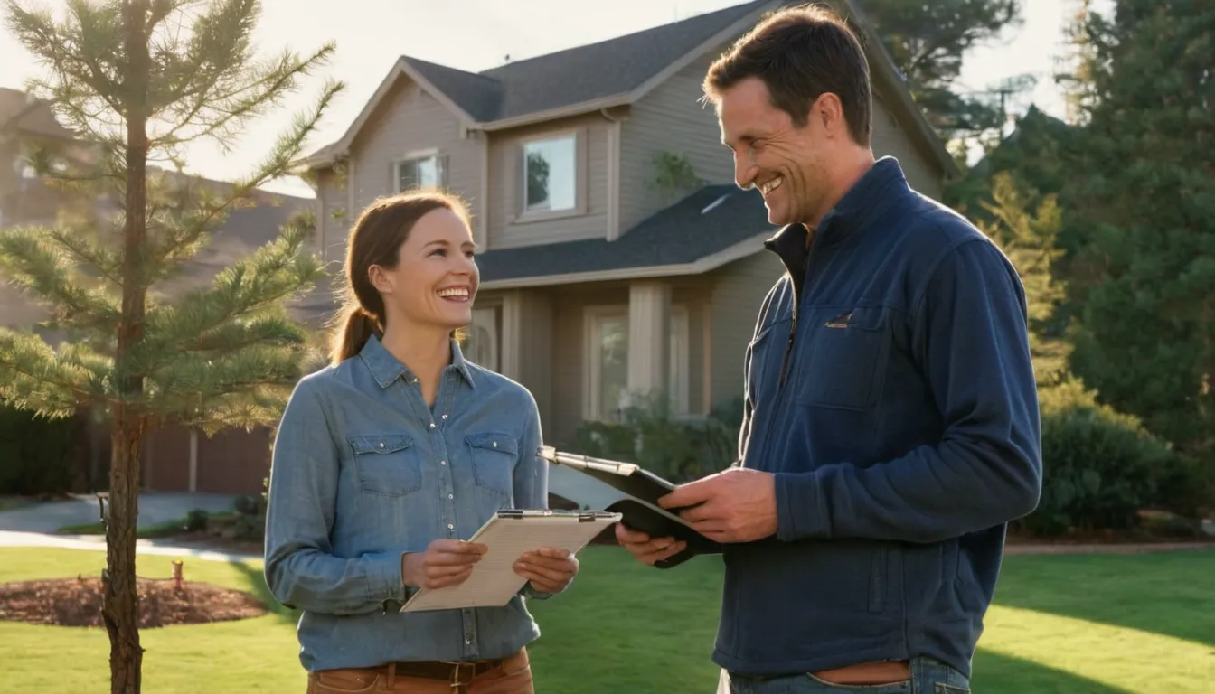 A homeowner talking with a local tree provider in a yard in the Draper area